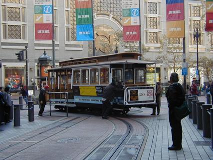 Turning the Cable Cars at the end of the line.  The cable cars only go one way, so they have to be turned manually at the end of their runs<br>Location: <a href="https://www.google.com/maps/search/?api=1&query=37.78488,-122.40776" target="_new">Powell Street</a>